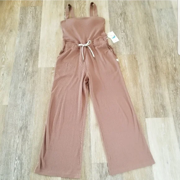 Vuori Mudra Jumpsuit Women's Ribbed Drawstring Pockets Athleisure Hazelnut NWT - Picture 6 of 13